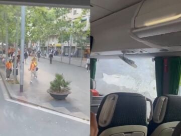 Momento del ataque al autobús del CF Rayo Majadahonda