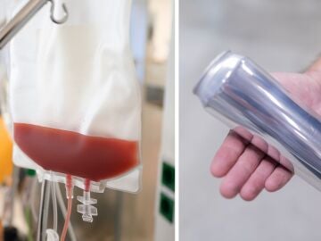 Imagen de archivo de una bolsa de sangre y una lata.