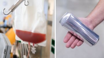 Imagen de archivo de una bolsa de sangre y una lata.