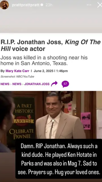 Chris Pratt se despide de Jonathan Joss Chris Pratt se despide de Jonathan Joss