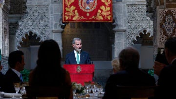 El rey Felipe VI ofrece un discurso, este domingo, durante la cena de gala que han ofrecido los reyes a los líderes mundiales que asisten a la IV Conferencia Internacional sobre Financiación para el Desarrollo. 