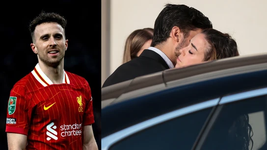 Diego Jota (izquierda) y su mujer (derecha) en el funeral del jugador Diego Jota (izquierda) y su mujer (derecha) en el funeral del jugador