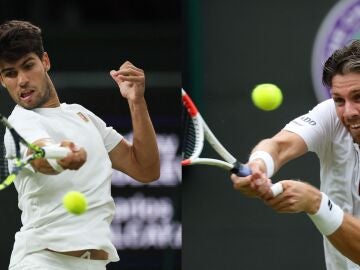 Carlos Alcaraz y Cameron Norrie, en acción en Wimbledon
