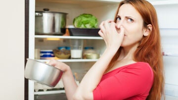 Una mujer se tapa la nariz ante el mal olor de la nevera