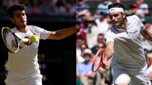 Carlos Alcaraz y Taylor Fritz, en acci&oacute;n en Wimbledon