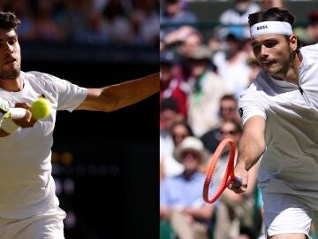 Carlos Alcaraz y Taylor Fritz, en acción en Wimbledon