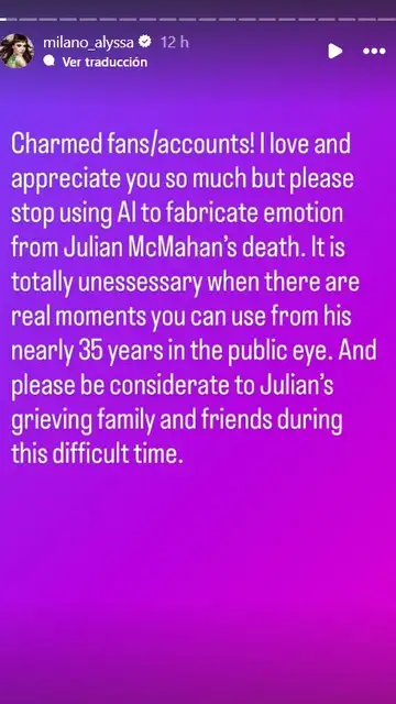 Mensaje de Alyssa Milano a los fans de Embrujadas tras la muerte de Julian McMahon Mensaje de Alyssa Milano a los fans de Embrujadas tras la muerte de Julian McMahon