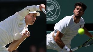 Jannik Sinner y Carlos Alcaraz, en acci&oacute;n en sus respectivas semifinales de Wimbledon