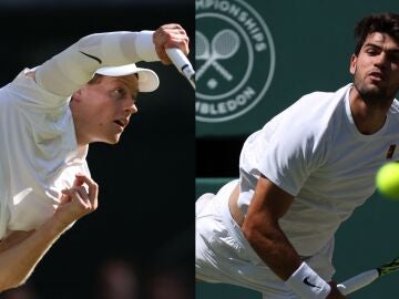 Jannik Sinner y Carlos Alcaraz, en acción en sus respectivas semifinales de Wimbledon