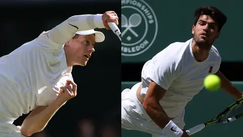 Jannik Sinner y Carlos Alcaraz, en acción en sus respectivas semifinales de Wimbledon Jannik Sinner y Carlos Alcaraz, en acción en sus respectivas semifinales de Wimbledon