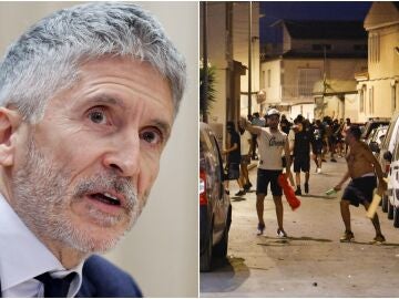 Imagen de Marlaska a la izquierda, a la derecha los altercados en Torre Pacheco