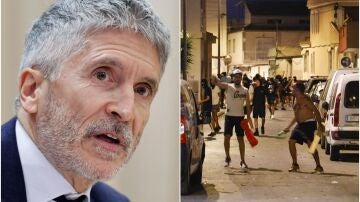 Imagen de Marlaska a la izquierda, a la derecha los altercados en Torre Pacheco