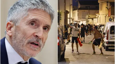 Imagen de Marlaska a la izquierda, a la derecha los altercados en Torre Pacheco Imagen de Marlaska a la izquierda, a la derecha los altercados en Torre Pacheco