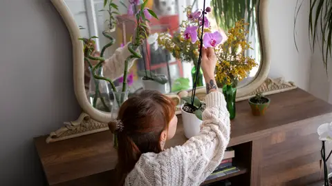 Una mujer colocando flores frente a un espejo Una mujer colocando flores frente a un espejo
