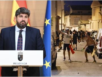 López Miras junto a una imagen de los disturbios en Torre Pacheco