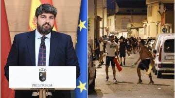 López Miras junto a una imagen de los disturbios en Torre Pacheco