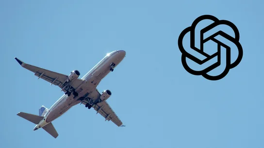 Imagen de archivo de un avión y del logo de ChatGPT. Imagen de archivo de un avión y del logo de ChatGPT.