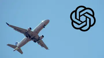 Imagen de archivo de un avión y del logo de ChatGPT. Imagen de archivo de un avión y del logo de ChatGPT.