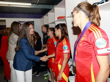La princesa Leonor y la infanta Sofía en los vestuarios de la Selección Española Femenina de Fútbol La princesa Leonor y la infanta Sofía en los vestuarios de la Selección Española Femenina de Fútbol