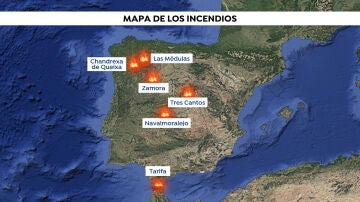Mapa de los seis incendios activos en España Mapa de los seis incendios activos en España