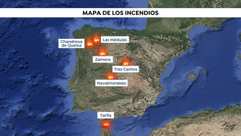 Mapa de los seis incendios activos en España Mapa de los seis incendios activos en España