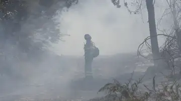 Bomberos trabajan en la extinción del incendio este jueves, en las proximidades de La Alberca (Salamanca) Bomberos trabajan en la extinción del incendio este jueves, en las proximidades de La Alberca (Salamanca)