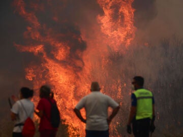 Varias personas luchan contra las llamas del incendio de A Gudiña (Ourense), este jueves.