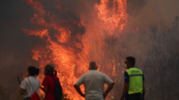 Varias personas luchan contra las llamas del incendio de A Gudiña (Ourense), este jueves.