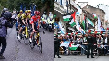Jonas Vingegaard, en la etapa 16, y manifestantes a favor de Palestina