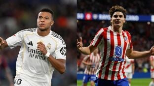 Kylian Mbapp&eacute; y Juli&aacute;n &Aacute;lvarez celebra un gol con Real Madrid y Atl&eacute;tico de Madrid