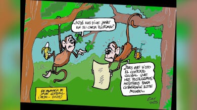 Los chimpancés gobernando el mundo tras la muerte de Jane Goodall, en la viñeta gráfica de Alfredo Boto 