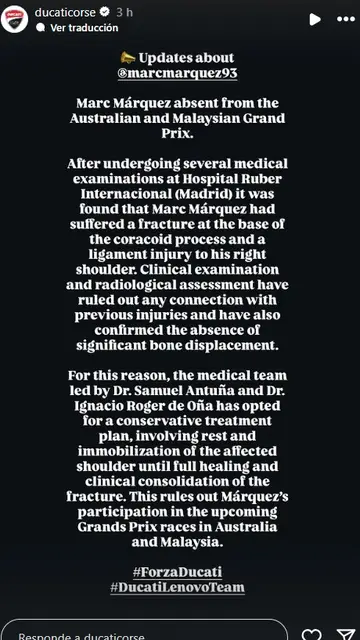 Comunicado de Ducati sobre Marc Márquez Comunicado de Ducati sobre Marc Márquez