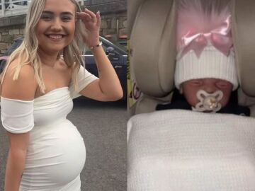 Una joven finge un embarazo y enseña a un muñeco de plástico como su bebé