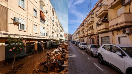 El antes y el despu&eacute;s del paso de la dana del 29 de octubre de 2024 en una calle de Paiporta