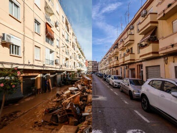 El antes y el despu&eacute;s del paso de la dana del 29 de octubre de 2024 en una calle de Paiporta
