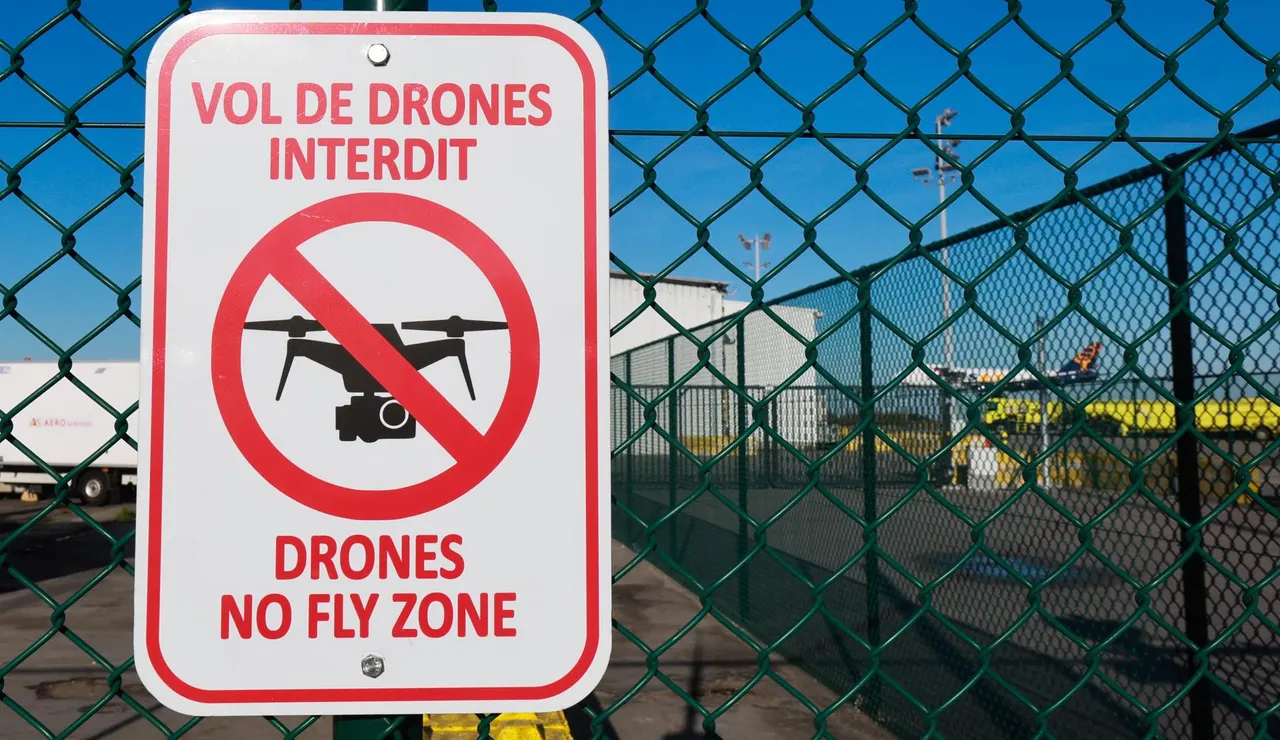 Un cartel indica 'Zona de no vuelo de drones' fuera del terminal del aeropuerto de Lieja, Bélgica