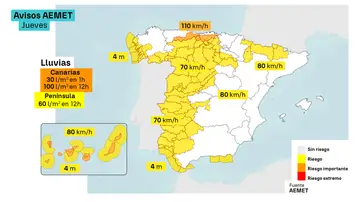 Mapa de avisos para este jueves Mapa de avisos para este jueves