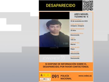 Buscan a Ares, un joven de 20 años desaparecido en Zaragoza
