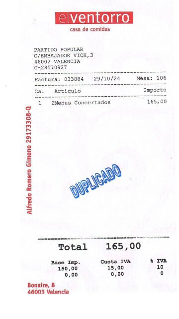 La factura de la comida entre Mazón y Vilaplana