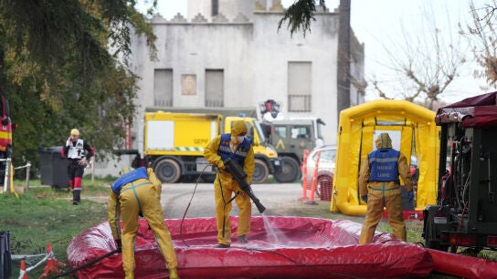 Varias personas de la UME desinfectan vehiculos, durante la presentaci&oacute;n de los medios de la UME para el control de la peste porcina