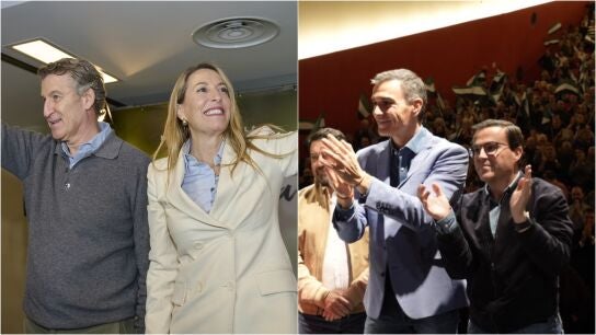 A la izquierda, Feij&oacute;o junto a Mar&iacute;a Guardiola y a la derecha, Pedro S&aacute;nchez junto al candidato Miguel &Aacute;ngel Gallardo