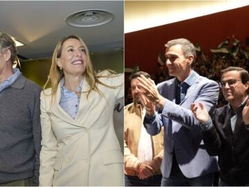 A la izquierda, Feijóo junto a María Guardiola y a la derecha, Pedro Sánchez junto al candidato Miguel Ángel Gallardo