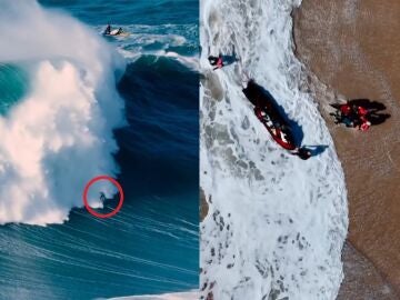 Carlos Burle, en el momento de la caída en Nazaré y el posterior rescate