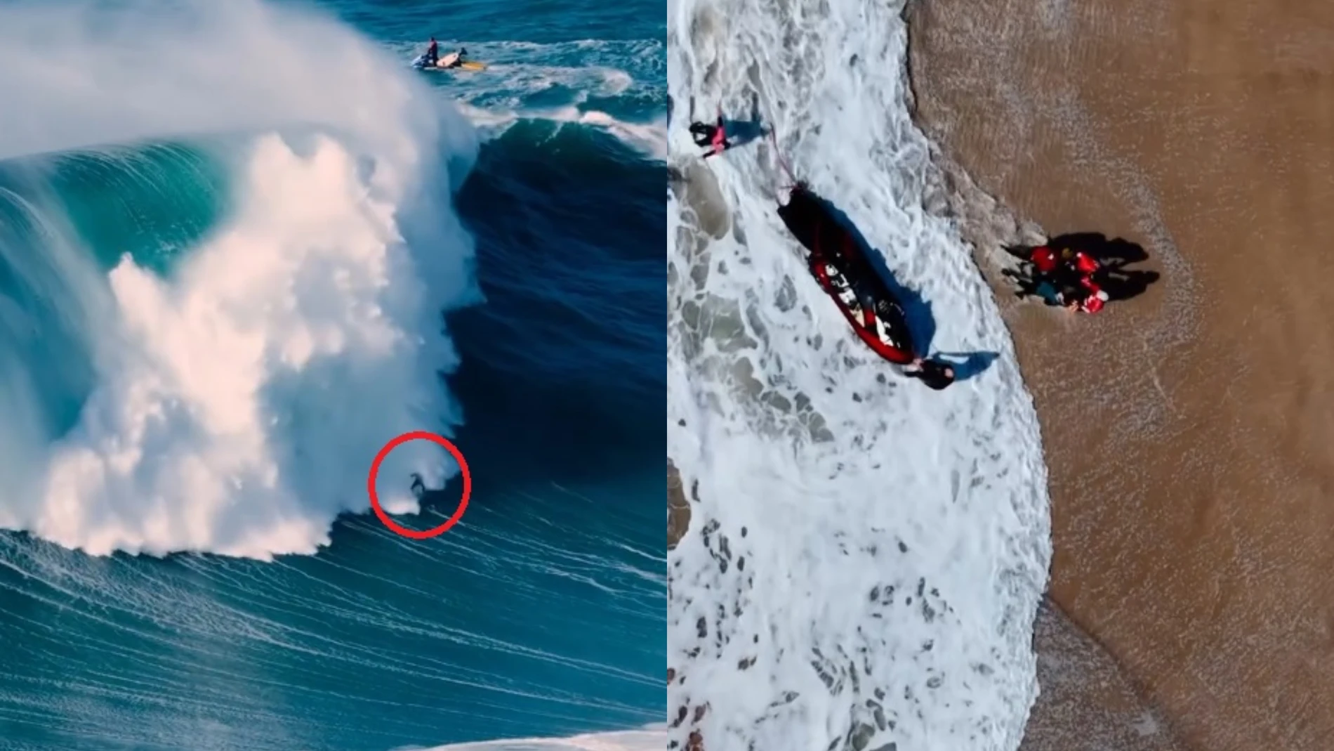 Carlos Burle, en el momento de la caída en Nazaré y el posterior rescate Carlos Burle, en el momento de la caída en Nazaré y el posterior rescate