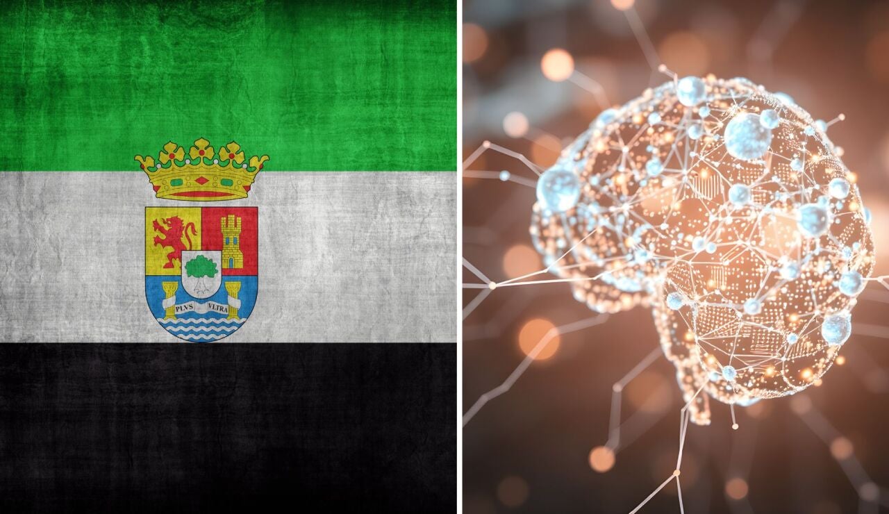 Imagen de archivo de la bandera de Extremadura y de la Inteligencia Artificial. 