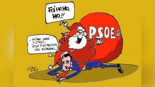 Pedro S&aacute;nchez aplastado por Pap&aacute; Noel, en la vi&ntilde;eta gr&aacute;fica de Alfredo Boto