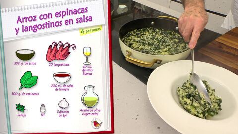 Ingredientes Arroz con espinacas y langostinos en salsa