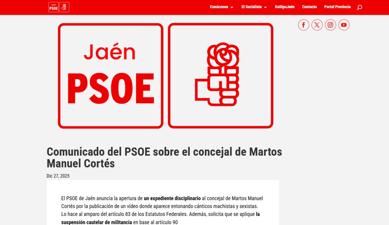 Comunicado PSOE Ja&eacute;n