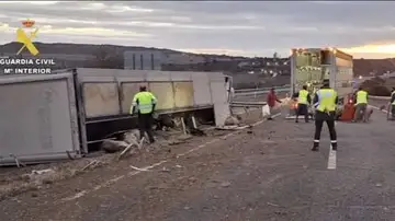 Un camión con 170 cerdos vuelca en la A-22 en Monzón (Huesca) Un camión con 170 cerdos vuelca en la A-22 en Monzón (Huesca)