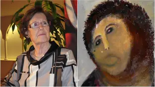 A la izquierda, una imagen de archivo de Cecilia Giménez. A la derecha, el Ecce Homo de Borja. A la izquierda, una imagen de archivo de Cecilia Giménez. A la derecha, el Ecce Homo de Borja.